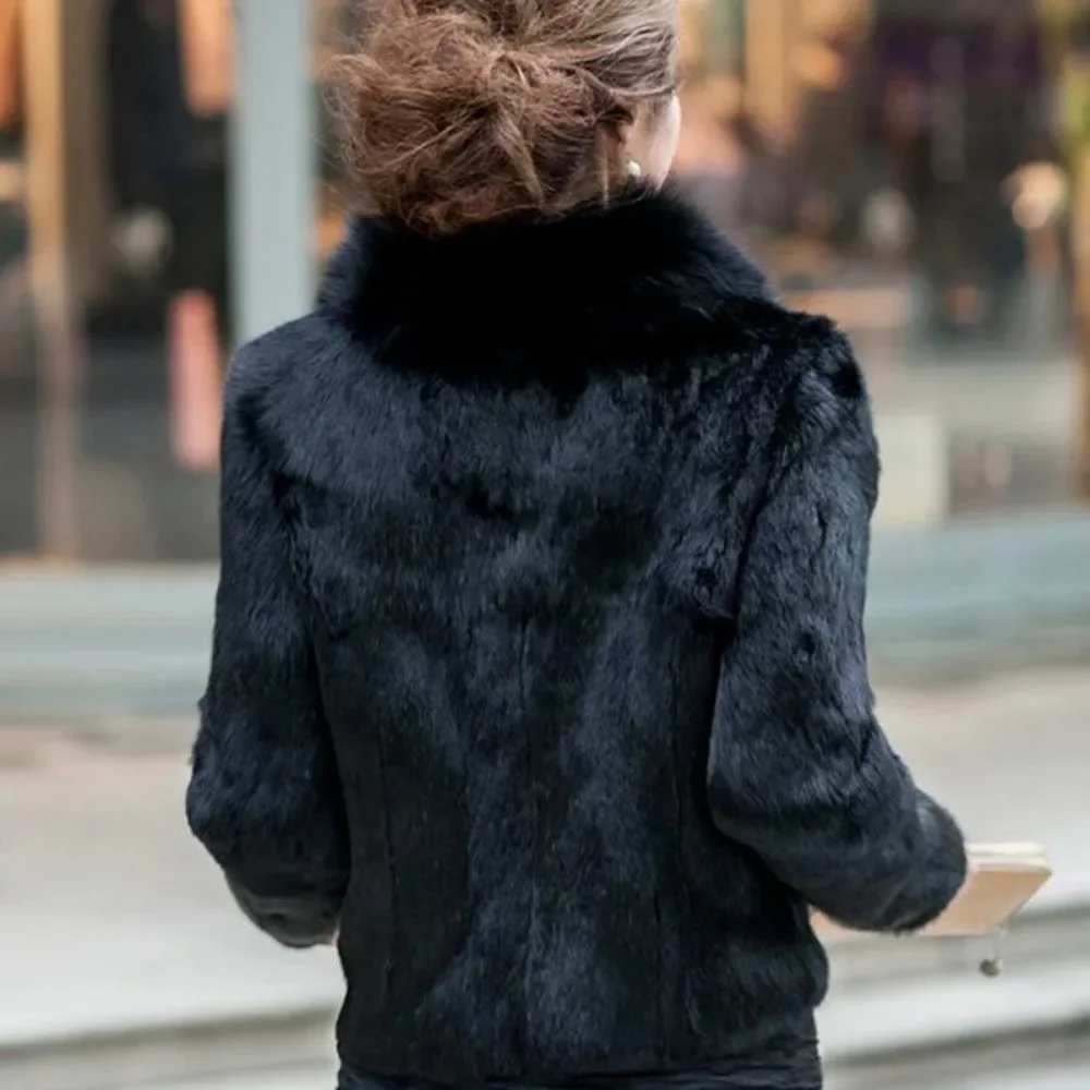 Natural Fox Fur Collar Jacket Genuine Whole Skin Rabbit Fur Coat Luxury Real Full Pelt Rabbit Fur Overcoat Winter Coat Women