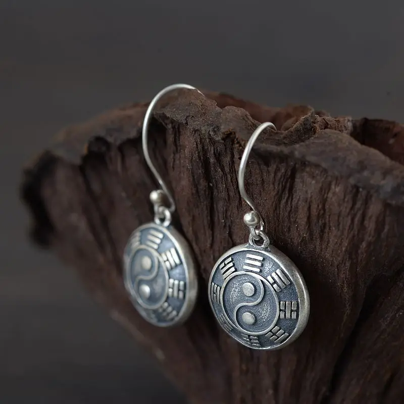 

Taoism The Eight Diagrams Thai Silver Medal Jewelry Sets for Women 925 Sterling Silver Spinning Rings Earrings Religious Gifts