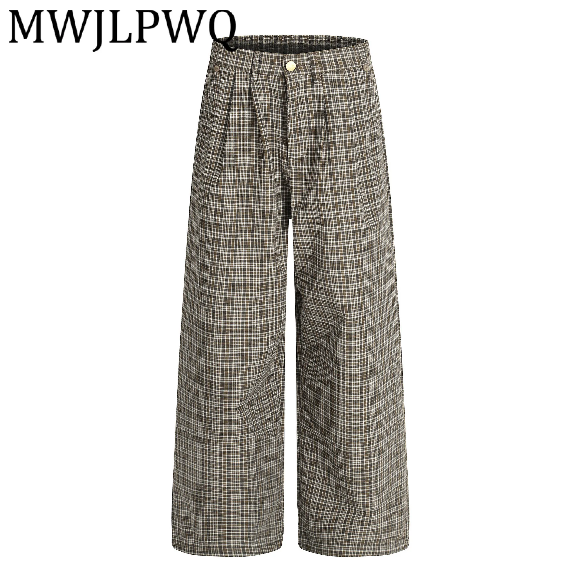 

MWJLPWQ клетчатые свободные повседневные брюки мужские в американском стиле High Street плиссированный дизайн с задним карманом уникальные брюки 23 осень новинка 21653