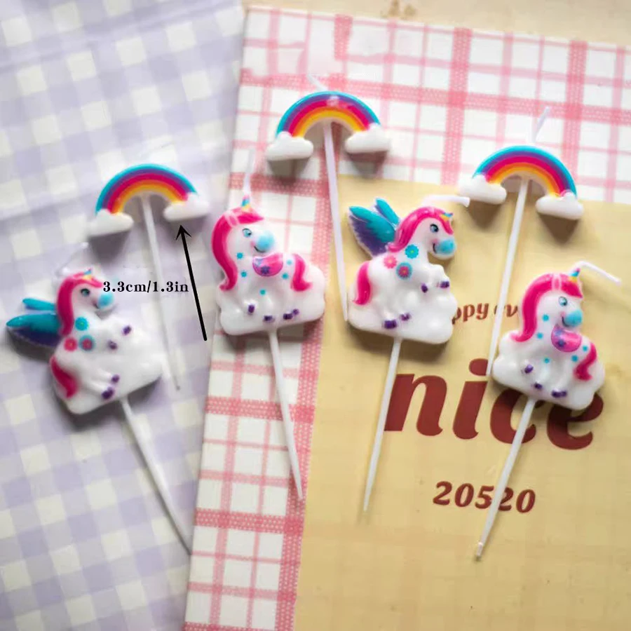 7-teiliges Set Niedliche Regenbogen-Einhorn-Kerzen, Kuchendekoration, Cartoon-Tierkerzen für Kindergeburtstage, Backdekoration – Detail 5