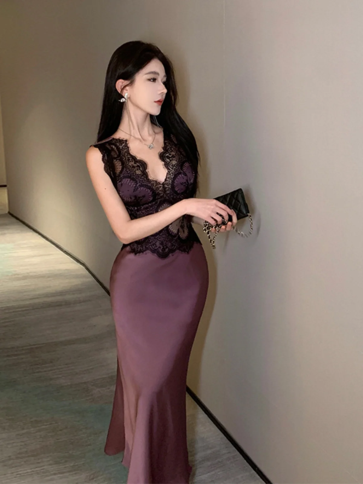 

Длинное атласное платье Ele, женское вечернее сексуальное фиолетовое кружевное платье с запахом вокруг юбки, длинное вечернее платье Ele Feeling