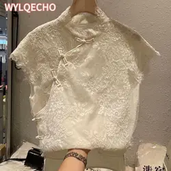 2023 summer new vintage embroidery top lace chinese style plate buckle standing collar sleeveless top for women qipao blouse