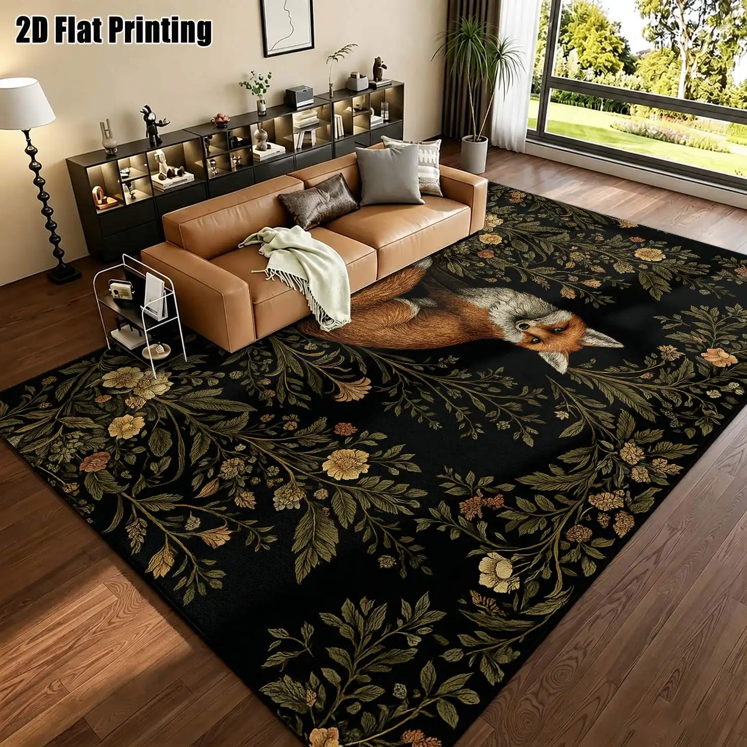 1Pc 2D Printed Retro Black-Base Fox Floral Pattern Carpet, European Style Pastoral Floor Mat, Multi-Size Machine Washable Rug for Home Decoration, Entrance/Dining/Bedroom/Living Room