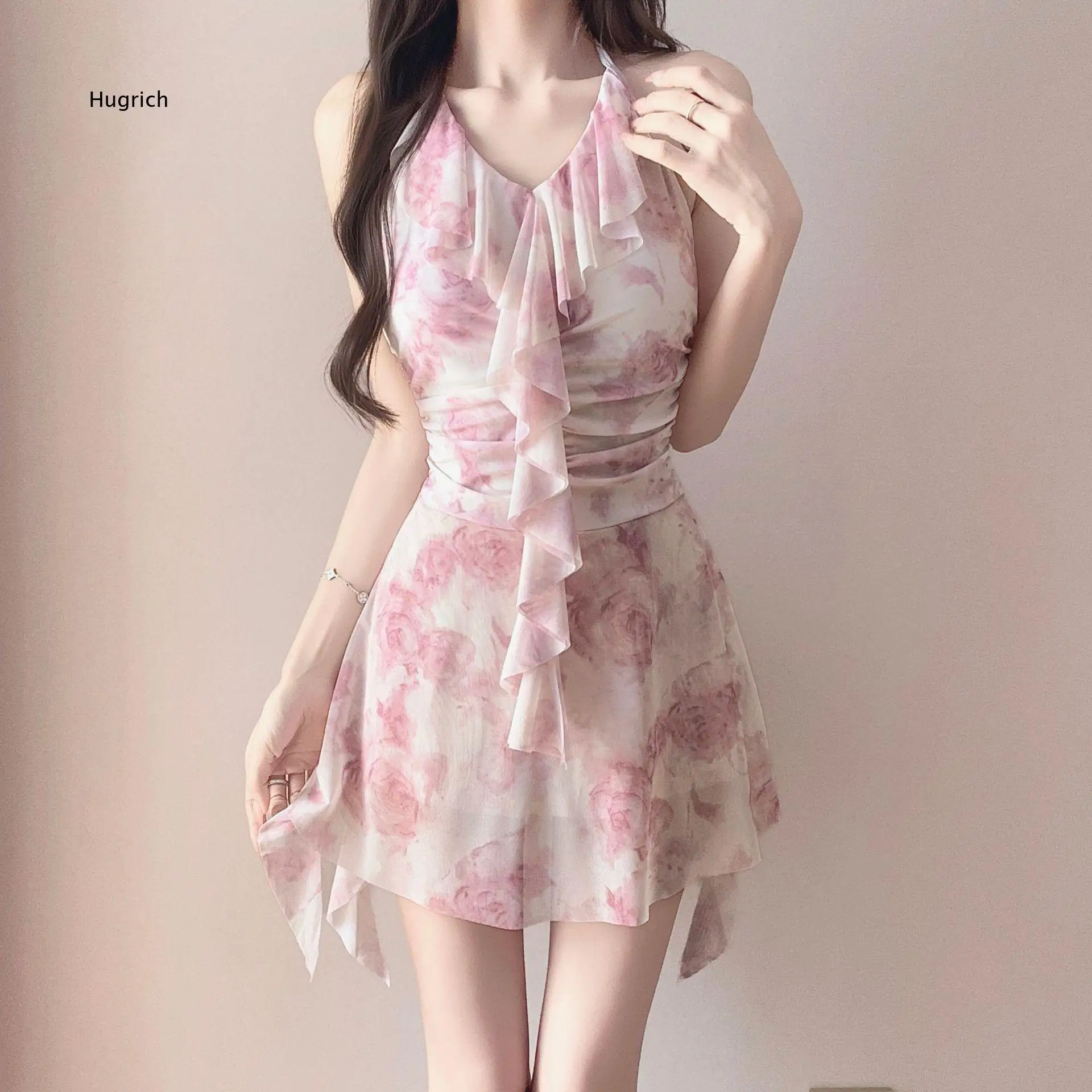 Women Halter V Neck Floral Print Swim Dress Ruffle Trim Irregular Hem One Piece Swimsuit Slim Fit Beachwear Outfit For Summer