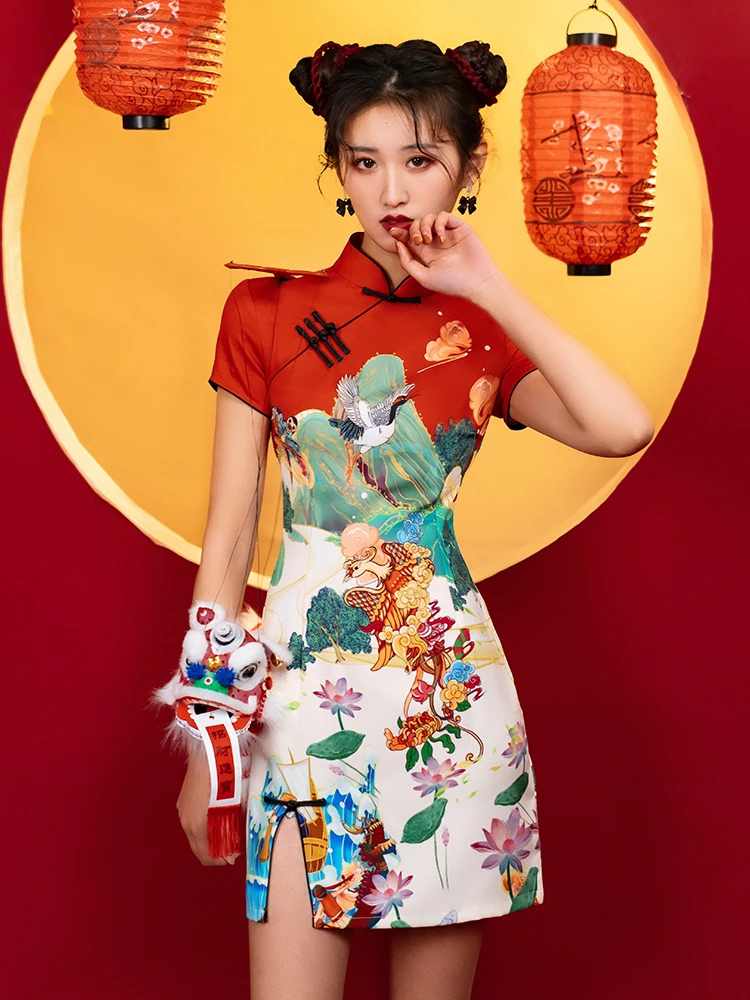 Cheongsam curto tradicional chinês para mulheres, saia de uma linha, roupa casual para quarto, frente sexy, moda nacional, S, M, L, XL, XXL, XXL, 2022