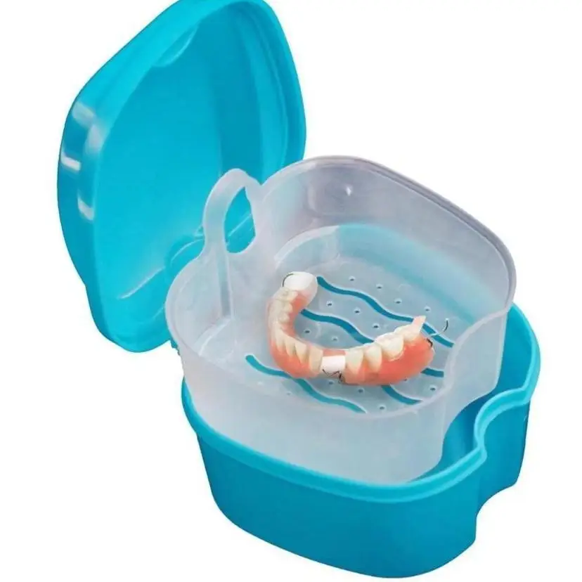 1 Pcs New Denture Storage Box With Hanging Net Leak Proof Portable False Teeth Orthodontic Retainer Mouth Suitable Elderly