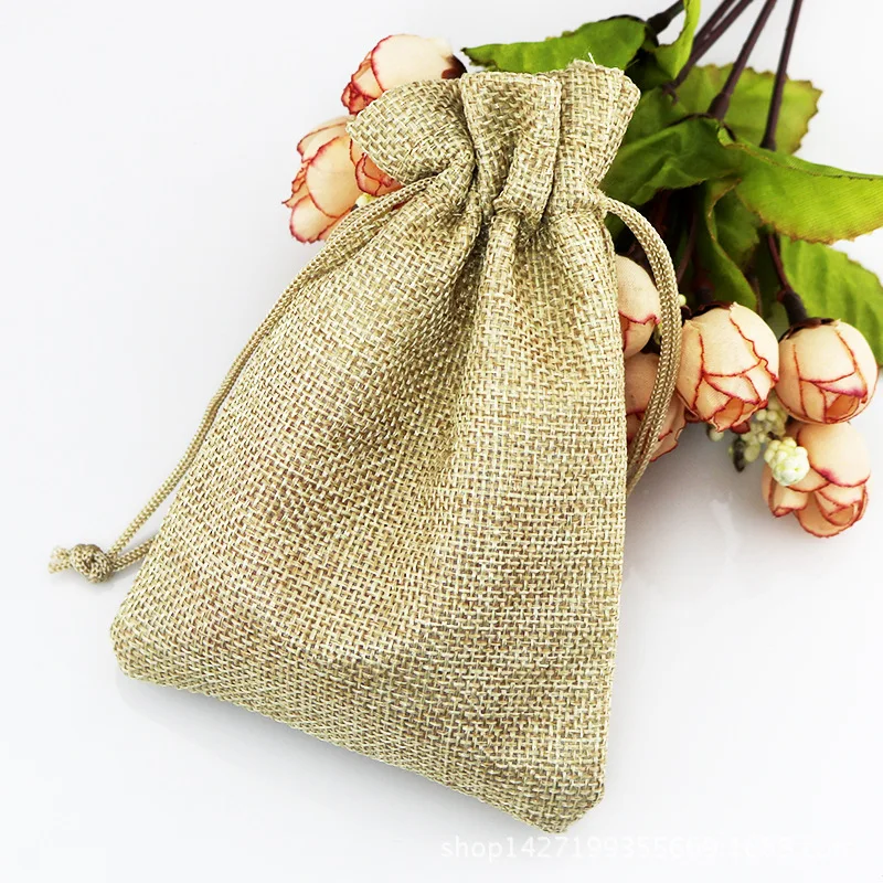 10pcs/Lot 7*9cm Red Khaki Linen bags Fabric Jute Drawstring bags Gift package bags Natural Burlap Bags with Nylon Drawstring