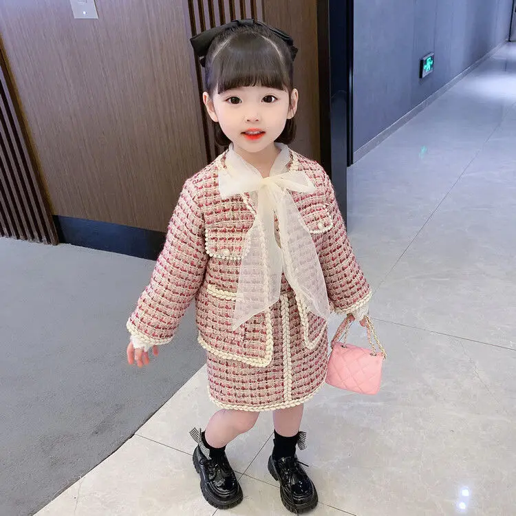 

2023 Korean Fashion Style Spring New Kids Two-Piece Girls Long-Sleeved Children Suit Spring and Autumn Girls Plaid Clothes A60