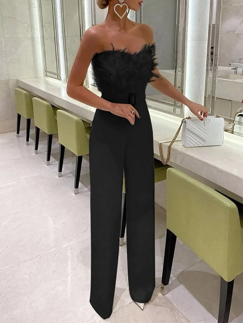 Elegant Feathers Off Shoulder Jumpsuit Women Backless Bodycon Rompers Sexy Solid Wide Leg Pantsuits Playsuit Overalls Clubwear