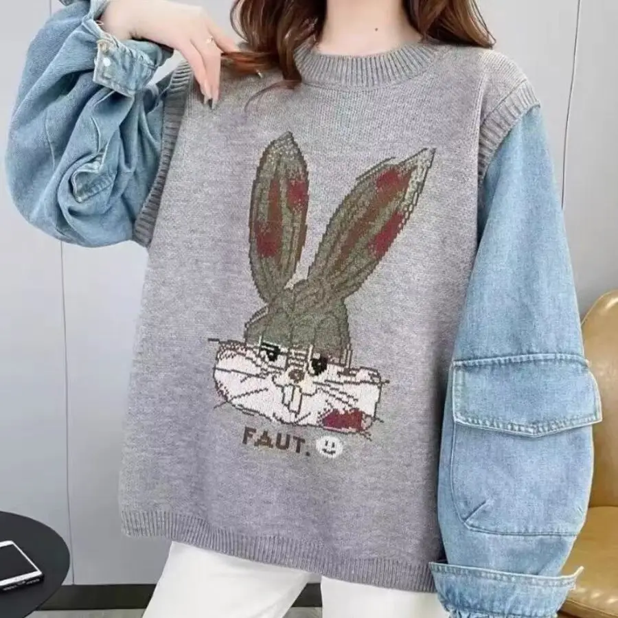 Hsa European Outerwear Designer Sequined Cartoon Rabbit Cute Girl Pullover Sweaters Women Jeans Patchwork Streetwear Pull Femme