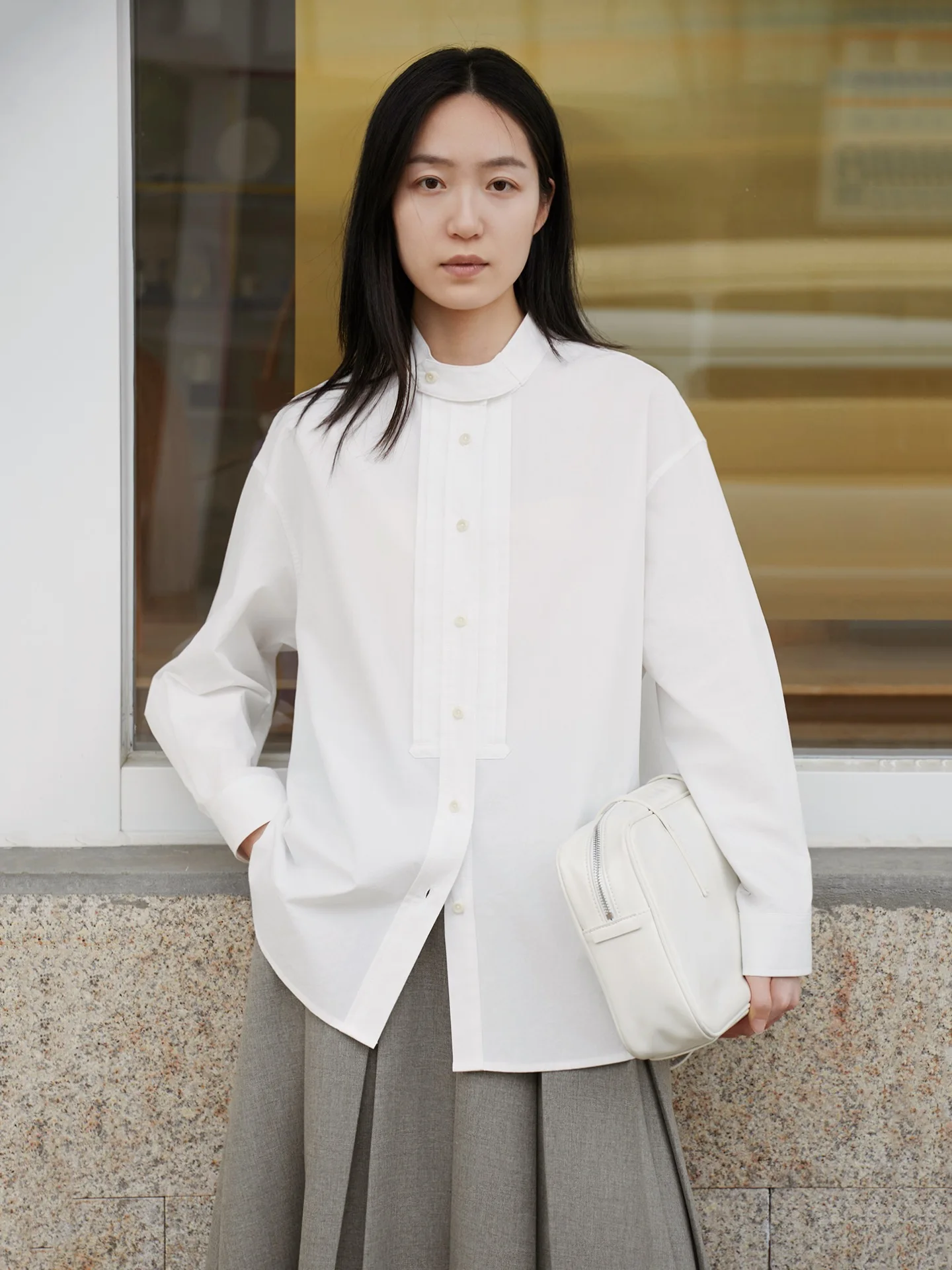 

Elegant Light Chinese Style Tuck Shirt (100% Cotton) SEEI Straight Cut Long Sleeve Women's Shirt Breathable Comfortable Skin-...