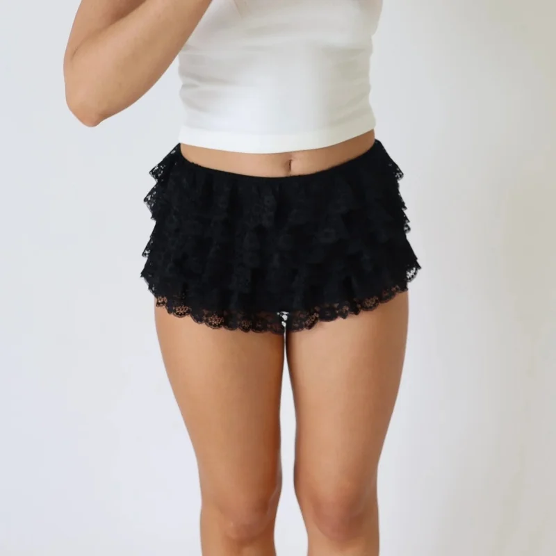 Women Y2K Coquette White Layered Lace Ruffle Mini Shorts Elastic Waist Frilly Bloomers Lolita Fairycore Pettipants Streetwear
