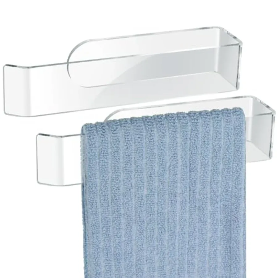 

Wall Mount Clear Acrylic Hand Towel Racks 2-Pack for Towels, Accessories in Bathroom, Kitchen, Bedroom - Adhesive Towel Bar Han