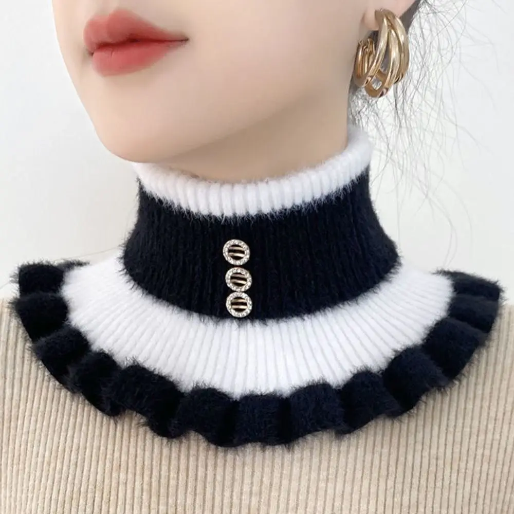 Wool Knit Stripe Diamond Thick Mink Velvet Ruffle Warm Scarve Neck Warmer Fake Collar Neck Guard Scarf