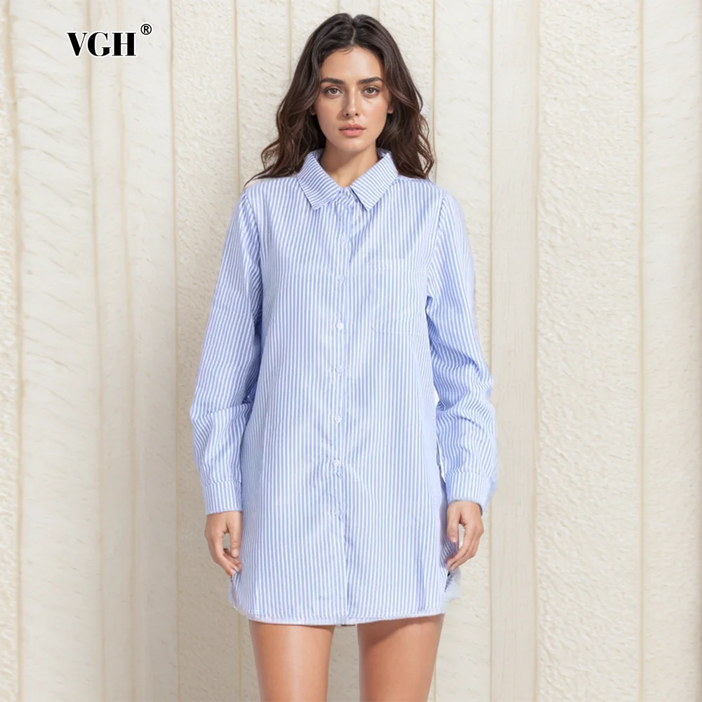 VGH Hit Color Striped Casual Shirts For Women Lapel Long Sleeve Patchwork Single Breasted Minimalist Loose Blouses Female New