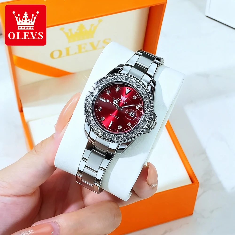 OLEVS модные женские часы, роскошные оригинальные кварцевые наручные часы из тонкой стали для женщин, водонепроницаемые, со светящейся датой, циркониевый безель 9945