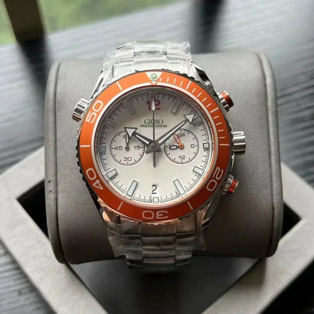 Reloj de cuarzo de lujo para hombre, cronógrafo con movimiento VK63, acero inoxidable, bisel de cerámica naranja, blanco y negro, relojes de lona de goma