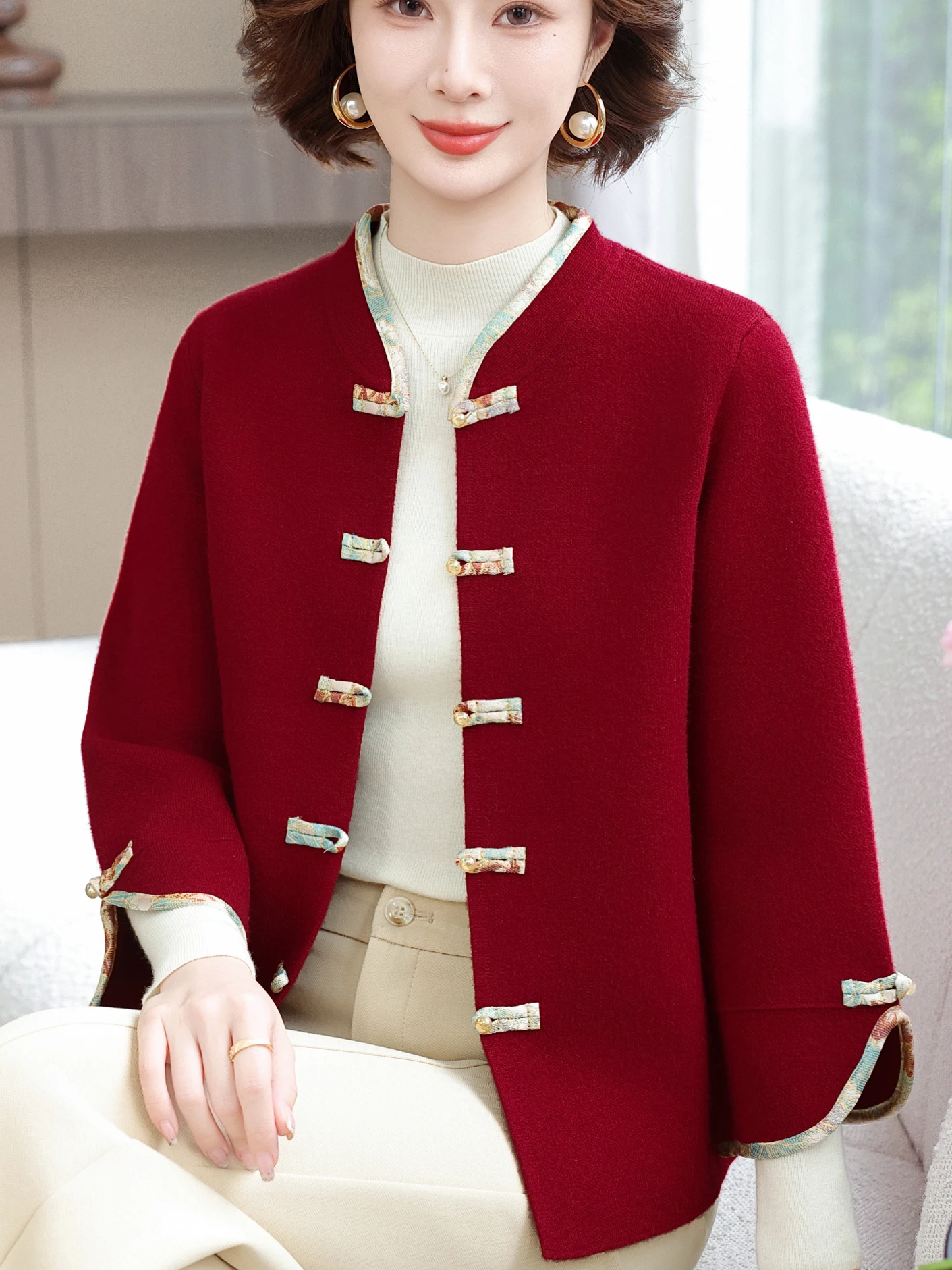 

New Sle Knitted Open Cardigan for Middle-Aged And ly Women with Button Nine-Foot Sve Ethnic Faion Outerwear Top