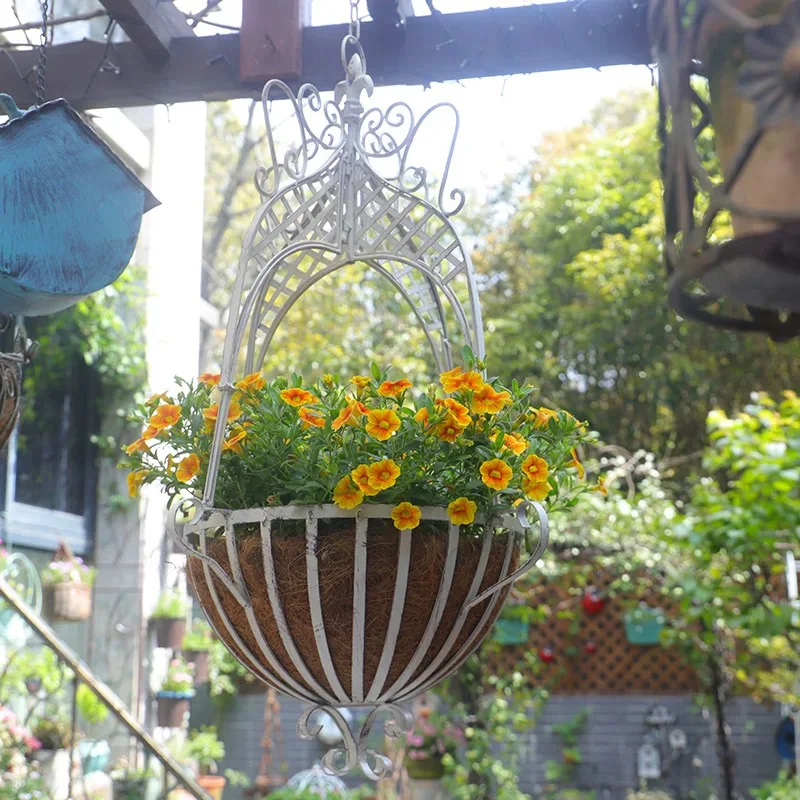 

Vintage Metal Hanging Planter Basket, 12x30 inches, Decorative Iron Garden Basket with Chain, White and Green
