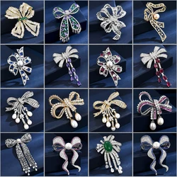 European Fashionable Elegant Bow Brooch Luxury Cubic Zirconia Female Broche Classic Design Corsage Coat Suit Accessories Pins