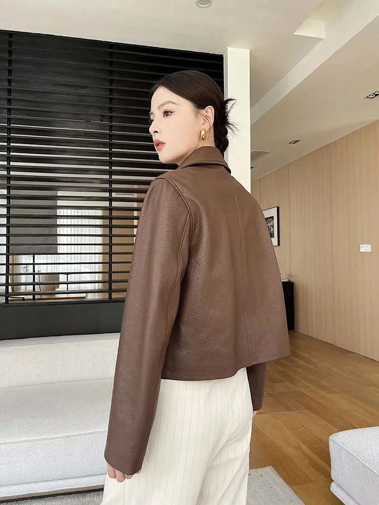 Real Litchi-grain Sheepskin Coat for Women Spring Autumn 2024 Trend Simple Multi-pocket Design Cropped Genuine Leather Jacket