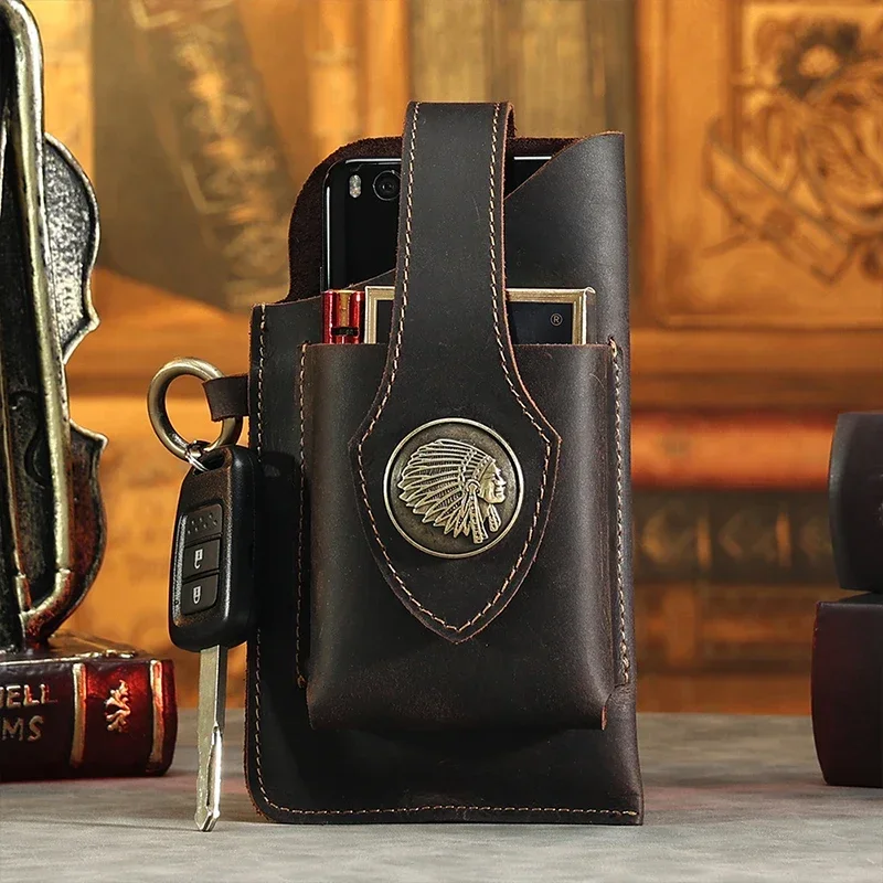 บุรุษหนังแท้เอวกระเป๋าโทรศัพท์มือถือกระเป๋าชายกลางแจ้งผู้ชาย Fanny Pack Key แนวตั้งสวมเข็มขัดรอบเอวกระเป๋า