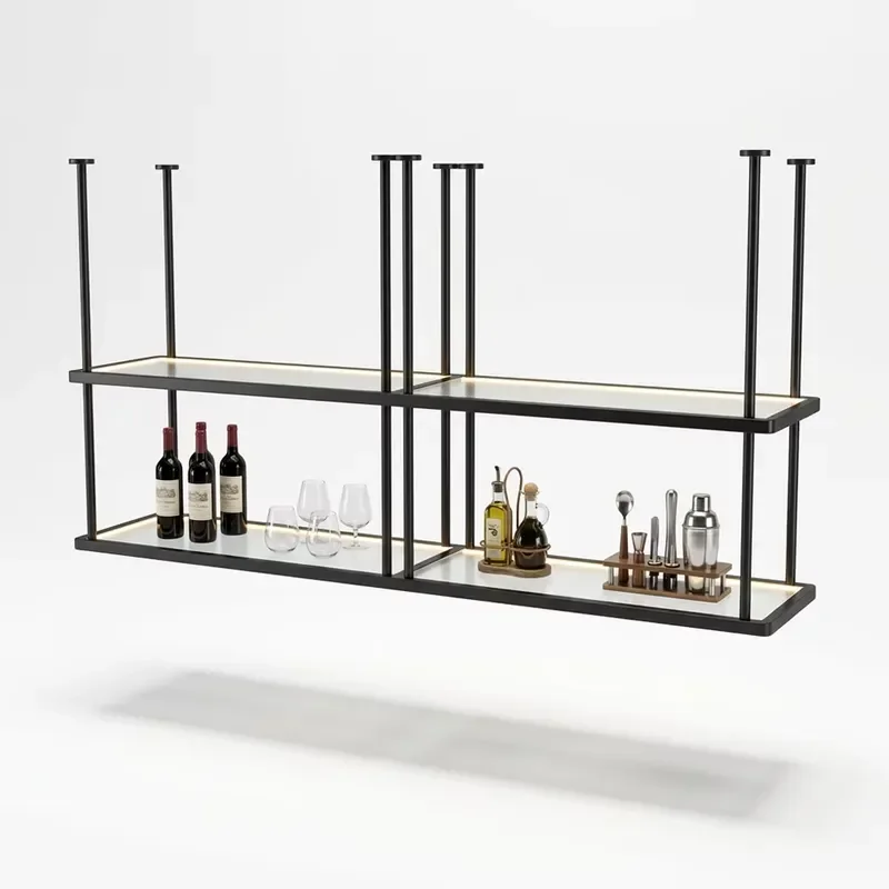 Stainless Steel Black Ceiling Mount Wine Rack Wide Double Bar Rack with LED Luminous Countertops for Club Lounge Bar Decor