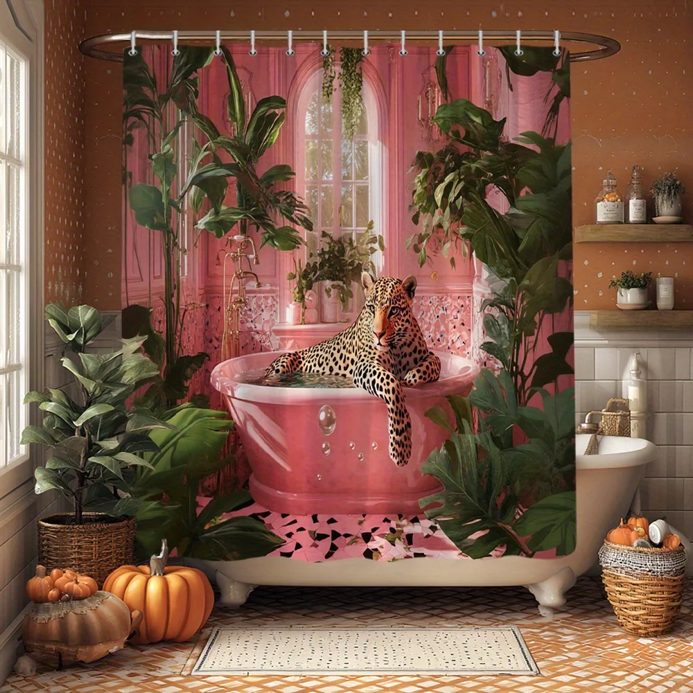 1 Stück Exotischer Leoparden-Wildtier-Duschvorhang Tropische Dschungelpflanzen Badezimmer-Dekor Hängender Badvorhang Set 70,8x70,8 Zoll mit Haken
