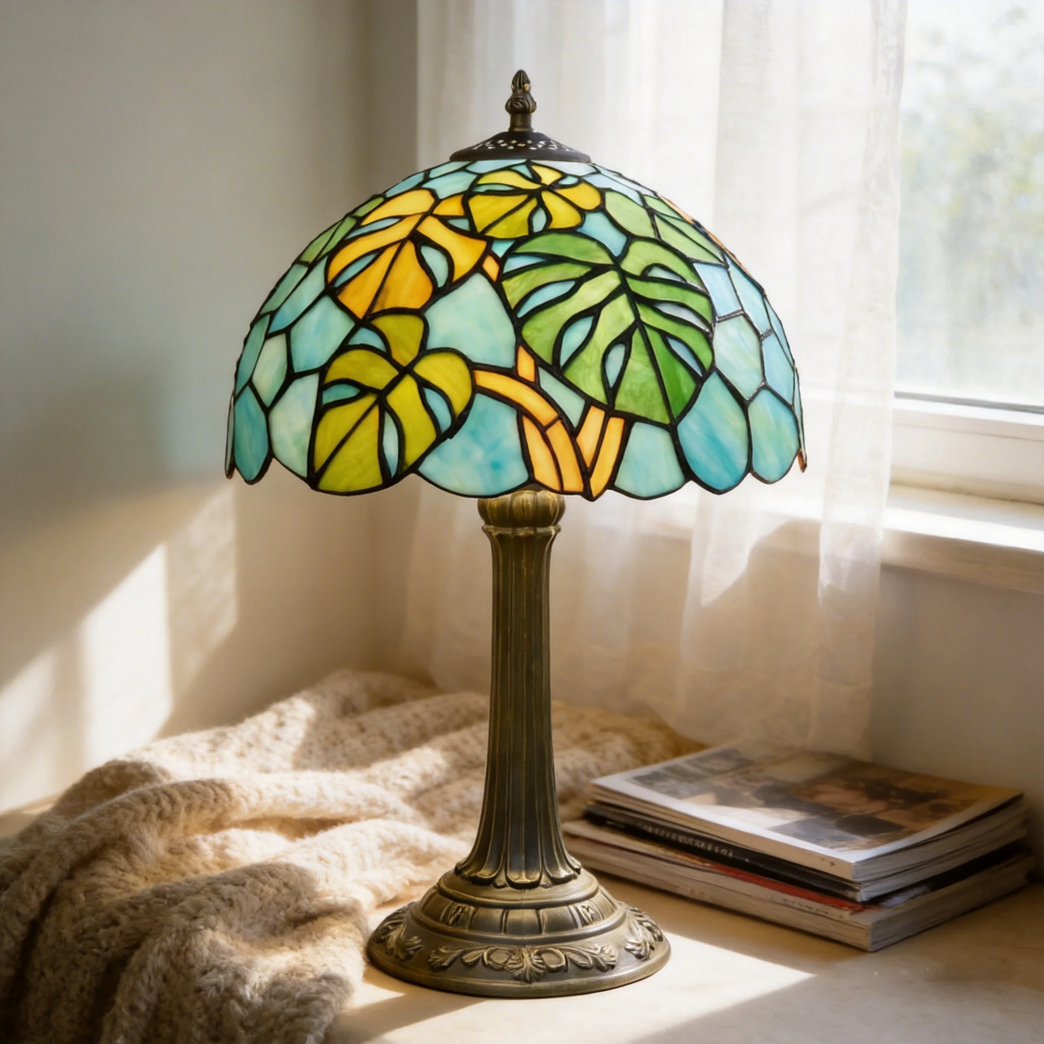 12inch Tiffany Vintage Desk Reading Light Lampara Manual Stained Glass Monstera deliciosa Lampshade Table Lamps for Bedroom