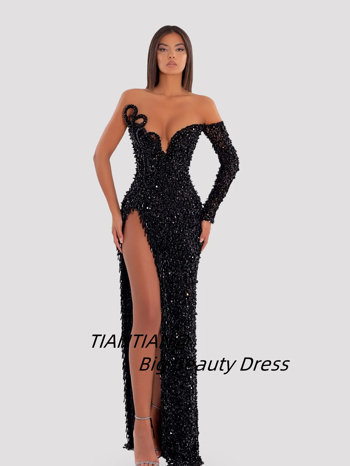 

Customized Charming Shining Prom Dresses Strapless Beads High Slit Elegant Evening Party Gowns vestidos de fiesta elegantes