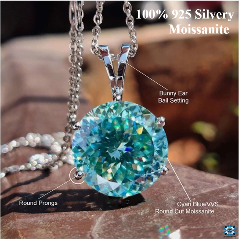 

100% муассанит S925, серебристый португальский голубой цвет, муассанит, ожерелье с кроликом, женское ожерелье 1,0-5 карат, муассанит, стерлинговое серебро 925 пробы