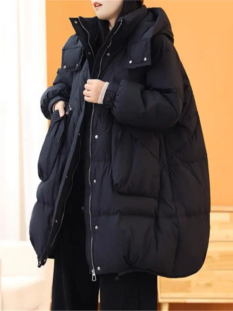 

Белая зимняя женская куртка средней длины из пуха, свободного кроя, больших размеров, теплая, с капюшоном, модная, повседневная