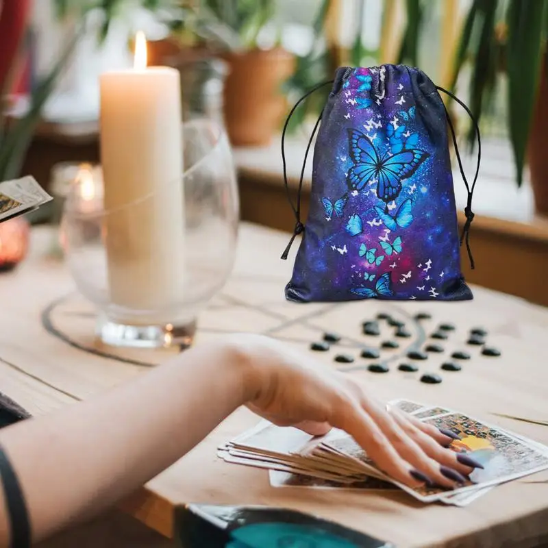 Bolsa de almacenamiento de Tarot con cordón, patrón de mariposa, bolsa de piedra de cristal, soporte para dados