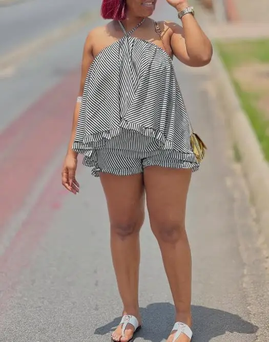 

2026 Summer New Women's Fashion Elegant Hanging Collar Loose Sleeveless Striped Top and Shorts Two Piece Set Women's Clothing