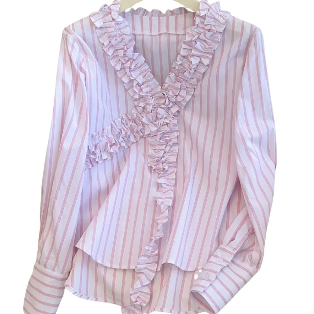 

Fashion Sweet Pink Stripe Blouse Ruffle Loose Long Sleeve Shirts Curved Hem Thin Women Shirt Top Beach