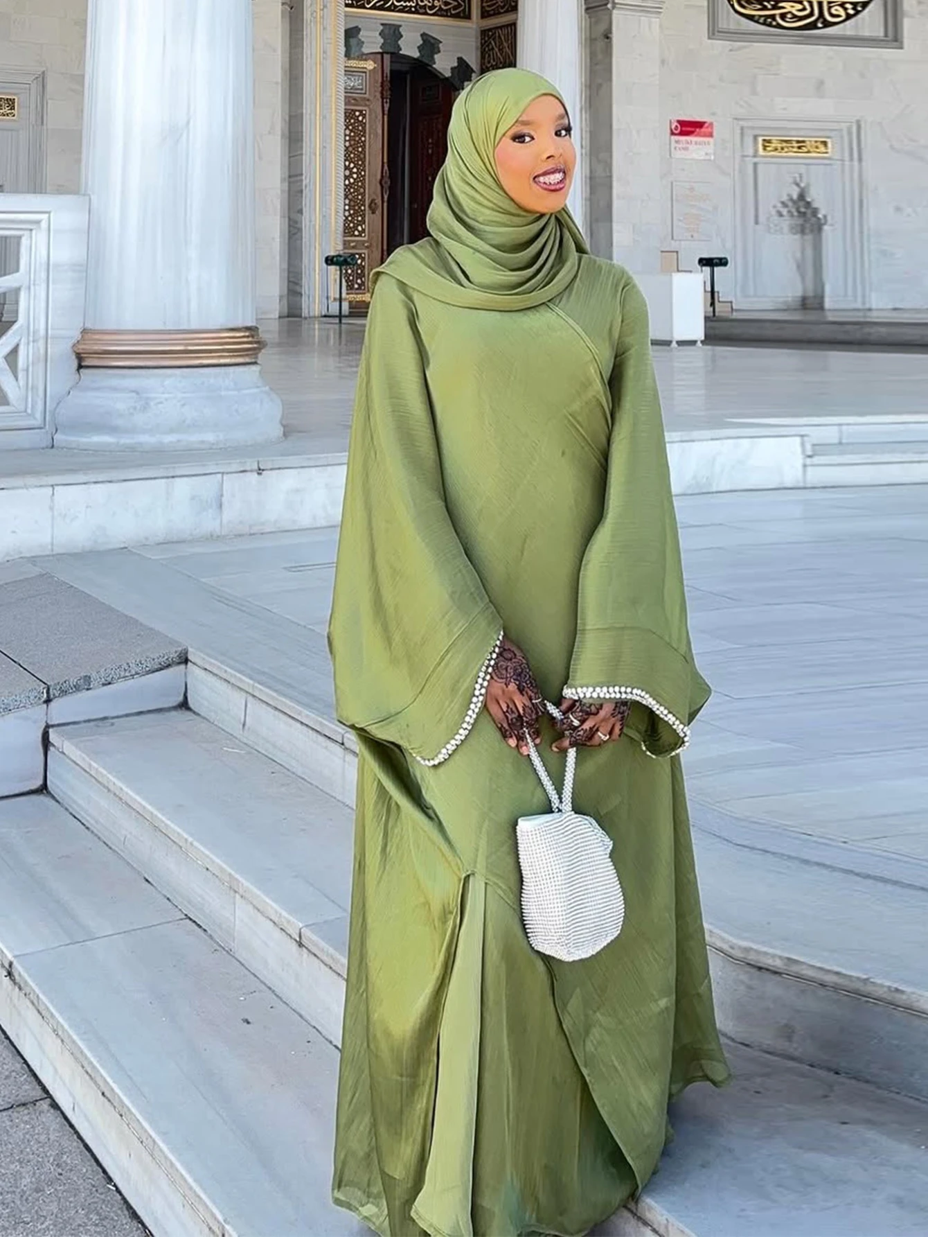 Eid Muslim Abaya Scarf Dress 3 Piece Set for Women Cardigan Ramadan Beading Sleeve Dubai Jalabiya Kaftan Vestidos Arab Robe 2025