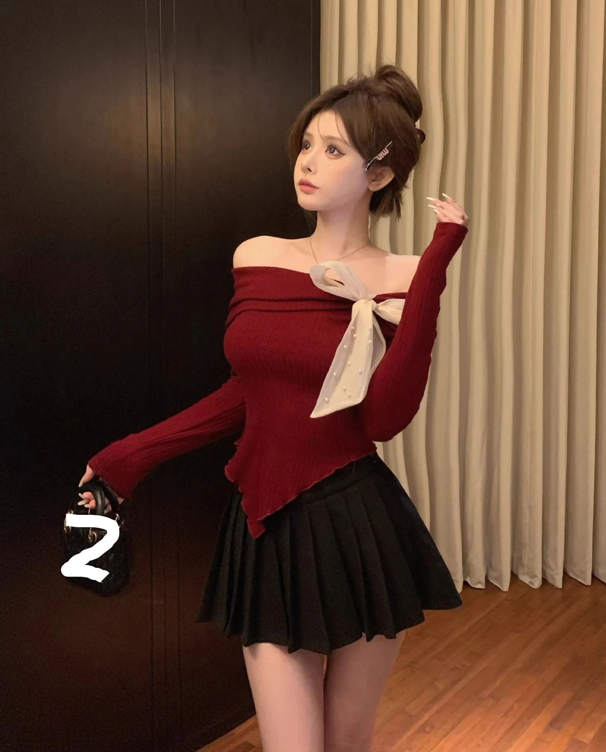 Pull tricoté à col Slash pour femme, rouge, Sexy, avec nœud doux, Slim, irrégulier, polyvalent, rajeunissant, haut tendance, printemps automne