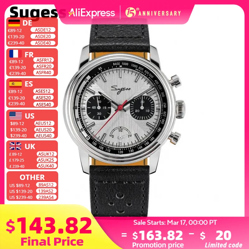 Sugess Pilot Watch Men ST1906 Movement Handwind Chronograph Wristwatches Sapphire Waterproof Hand Wind PowerReserve Luminous V2