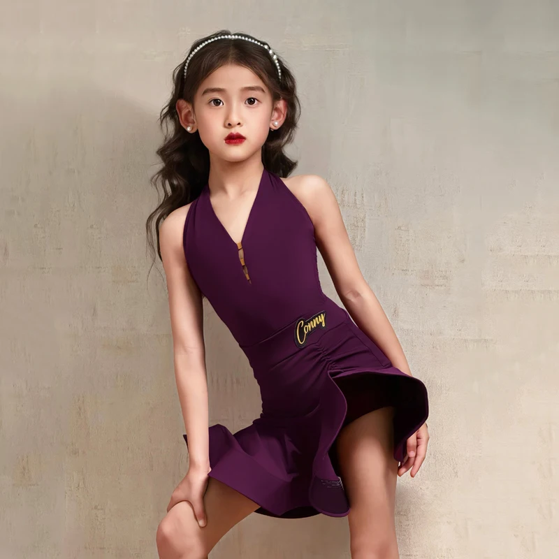 

2025 Girls Latin Dance Costume Standard Performance Clothing Tango Practice Clothes Kids Purple Bodysuit Tops Skirt Set VBH1336