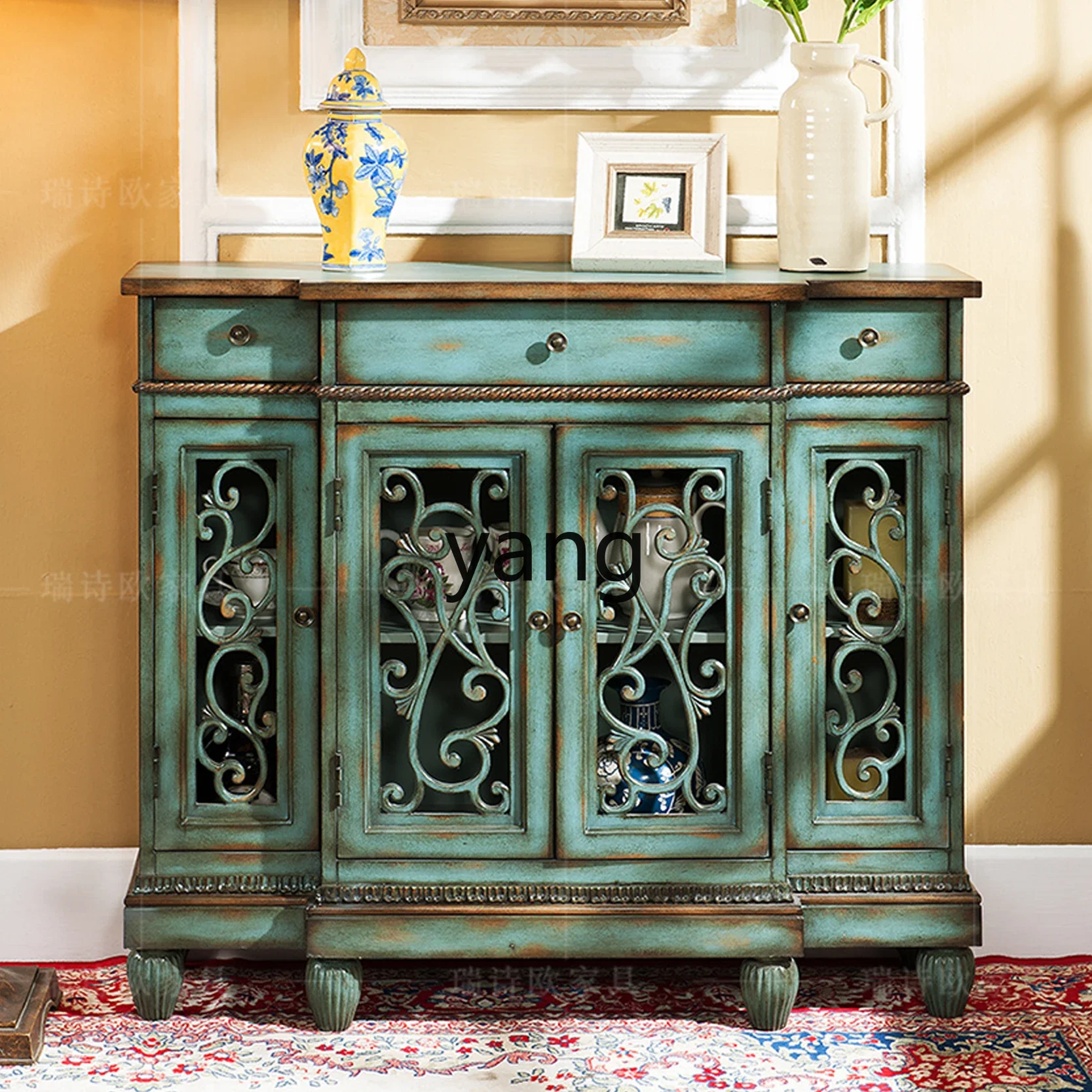 

LH American retro entrance cabinet solid wood dining edge old storage tea hollow foyer cabinet multi-layer storage