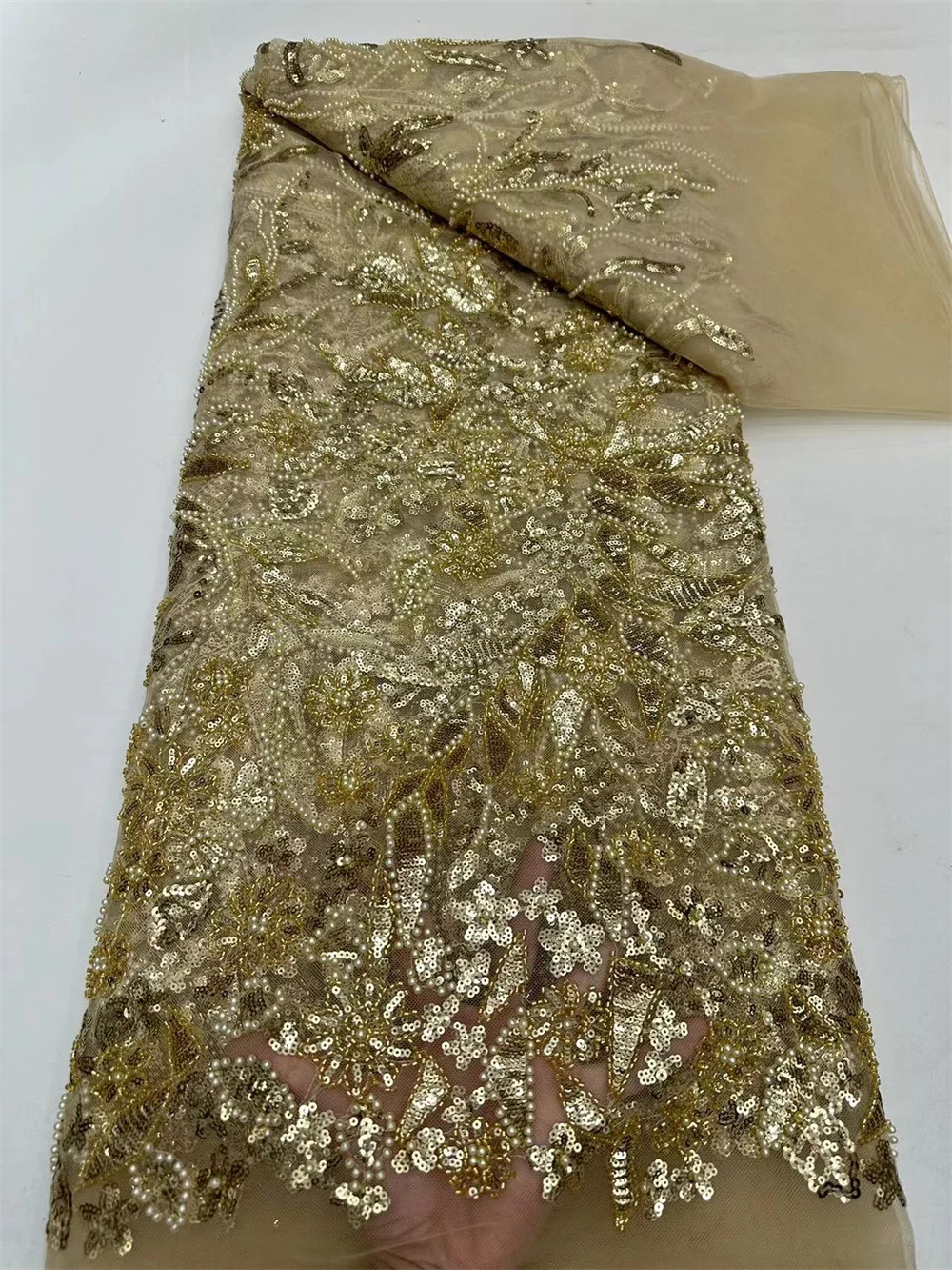 

Gold Lace Fabric Luxury African Lace Fabric 2024 High Quality 5Yards Beaded Laces 2024 For Nigerian Wedding Net Sequin LaA422-1