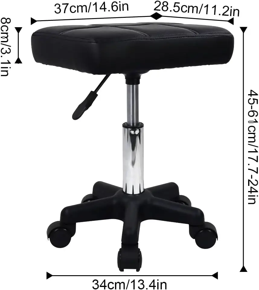 Rectangle Rolling Stool With Wheels Height Adjustable Swivel Stool Chair For Spa Salon Massage Black