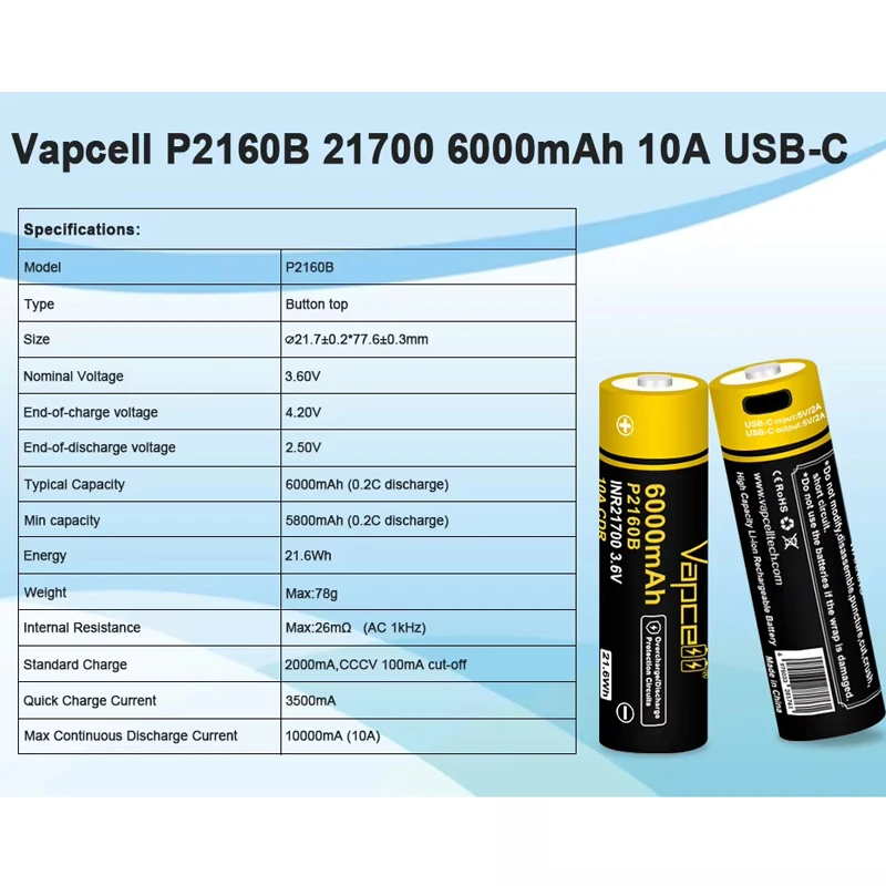 Vapcell original p2160b inr 21700 6000mah bateria 10a vs p2160a bateria de lítio recarregável de alta capacidade USB-C para lanterna