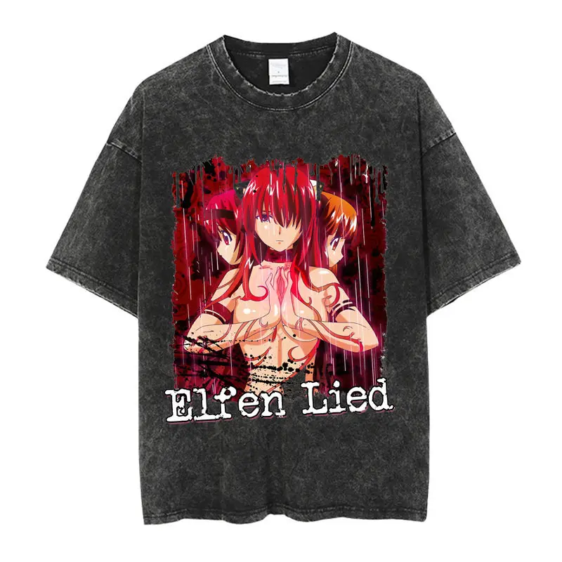 Anime Elfen Lied Lucy Graphic Printed Tee Men Women Vintage Washed T-shirts Casual Cotton T Shirt Harajuku Male TShirt