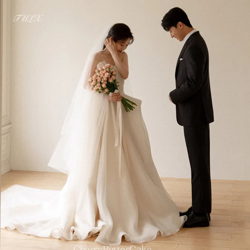 

TULX Elegant Organza Strapless Wedding Dress Korea Photo Shoot A line Floor Length Bridal Gowns Corset Customized 웨딩드레스