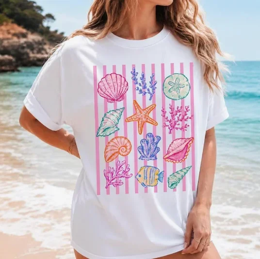 2026 Fashion New Women 100% Cotton Graphic Tee Striped Seashell Starfish Coral Sketch Print Vacation Weekend Casual Basic Top Tee