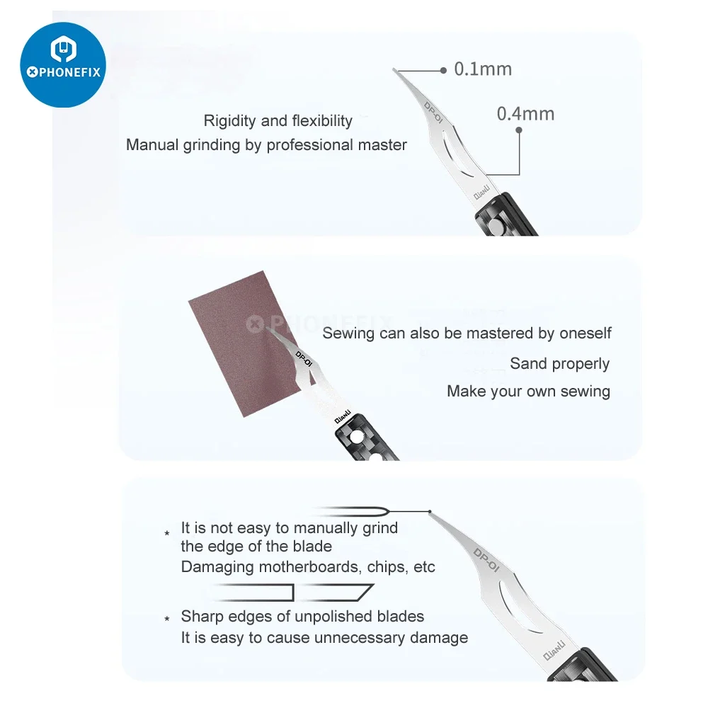 

QIANLI DP Industrial Non-slip Handmade Polished Blades Pry Spudger Metal Rubber Shovel Blade PCB CHIP IC Repair Tools Kit Set