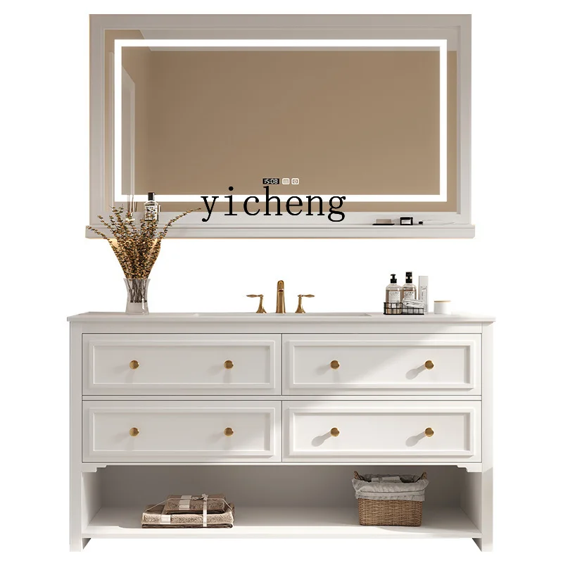 XL solid wood floor-to-ceiling bathroom cabinet combination rock slab double washbasin wash basin bath cabinet