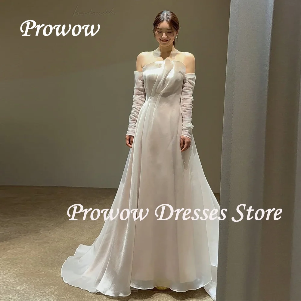 

Prowow Unique Ivory A Line Wedding Dress Korea Photo Shoot Pleats Organza Bridal Gown with Detachable Sleeves Customized