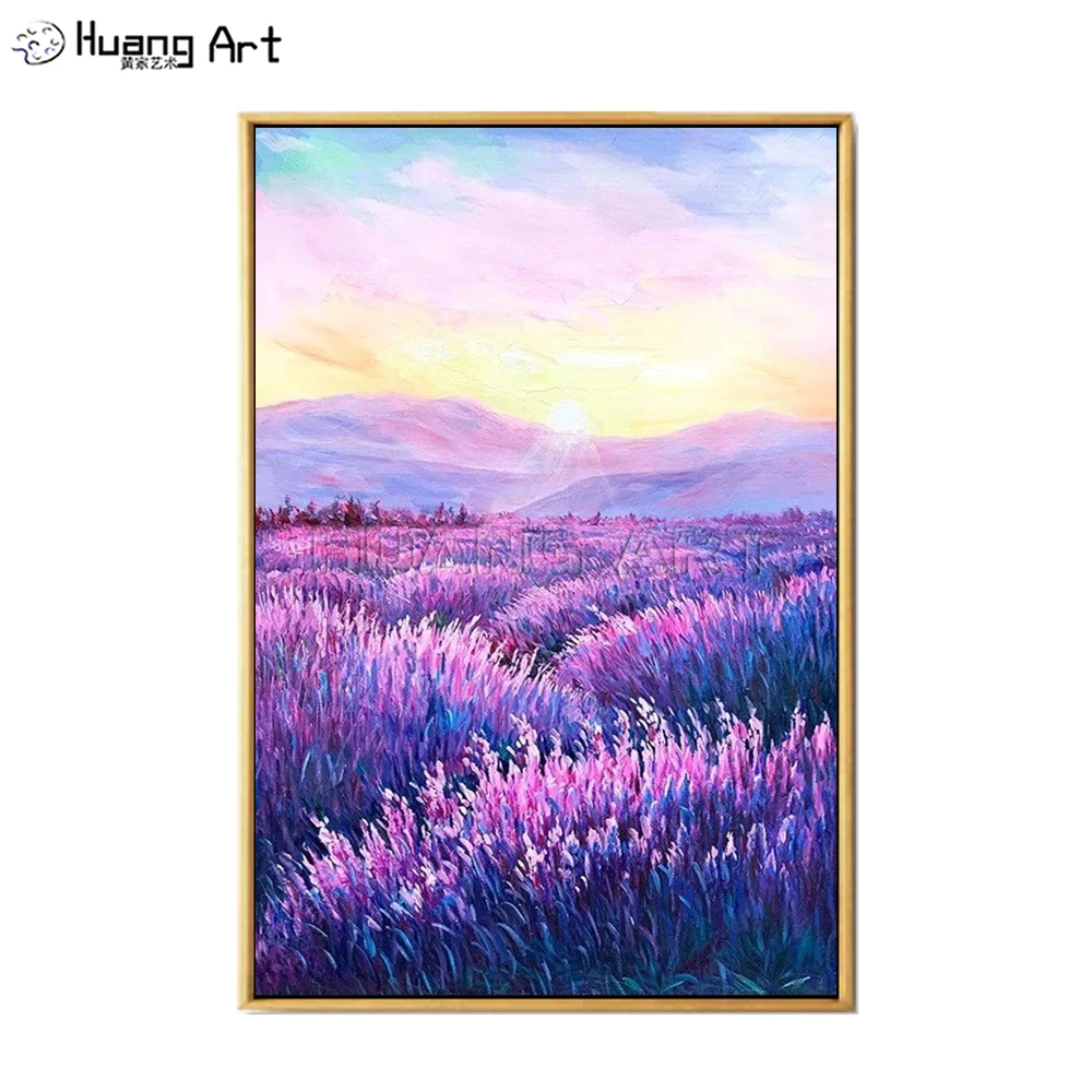 

Pure Handmade Lavender Sunrise Landscape Oil Painting on Canvas Modern Lake Knife Painting for Living Room Decor Purple Picture